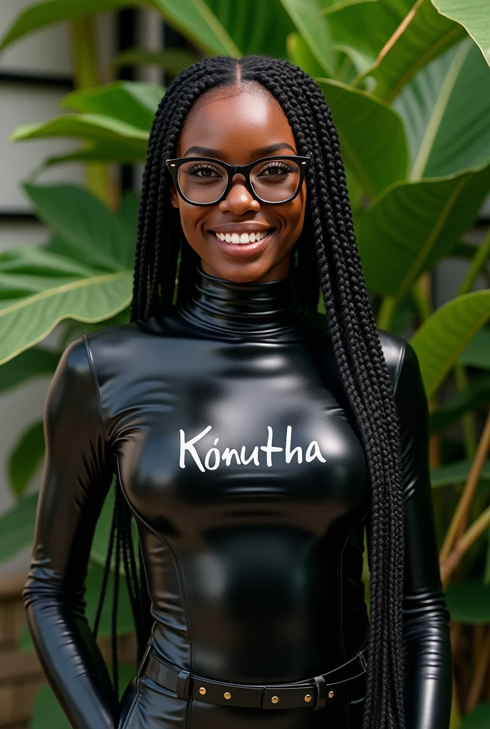 (photorealism:1.2), beautiful black African woman,22 years,sharp boobs, wearing fitting latex suit written "Kinuthia",smiling,long braids, black oversized glasses, standing , plants in background