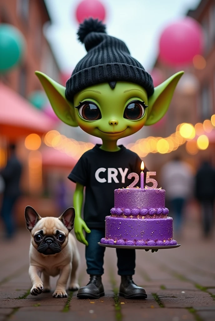 small green male alien with cute face, dressed in a black beanie and a black t-shirt with the name CRY on it and carrying a purple 25th birthday cake with intricate, animated details, accompanied by a sphynx cat and a pug dog