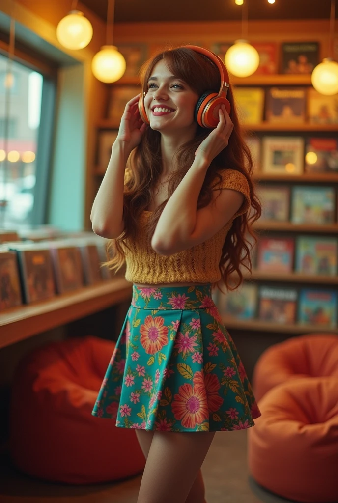 a woman in a retro 1970s record store, smiling while listening to a vinyl record, wearing vintage headphones, cinematic, realistic, cozy atmosphere, stockings and short skirt