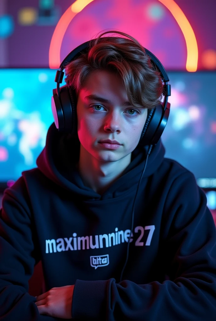 I want a gamer boy with a black sweatshirt and in the middle it says maximumnine27 with the twitch logo. The boy must have headphones with brown hair and he must look like a gamer for my YouTube and twitch channel.