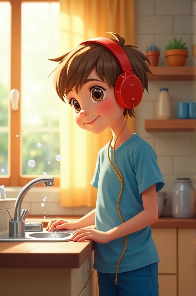 A skinny boy , short. Blue pants dress and blue shirt , with little hair and light brown color , Honey brown eyes and long eyelashes , listening to music with red headphones , washing the dishes