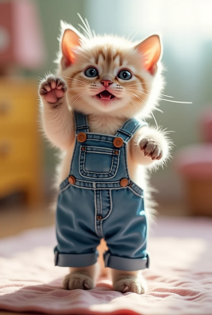 A small kitten standing with its front paw raised facing forward。Siamese cat。
Big eyes with a cute, human-like expression。Slightly larger head than body。limbs are short。
Wearing denim。Glossy texture。
Bright interior background。