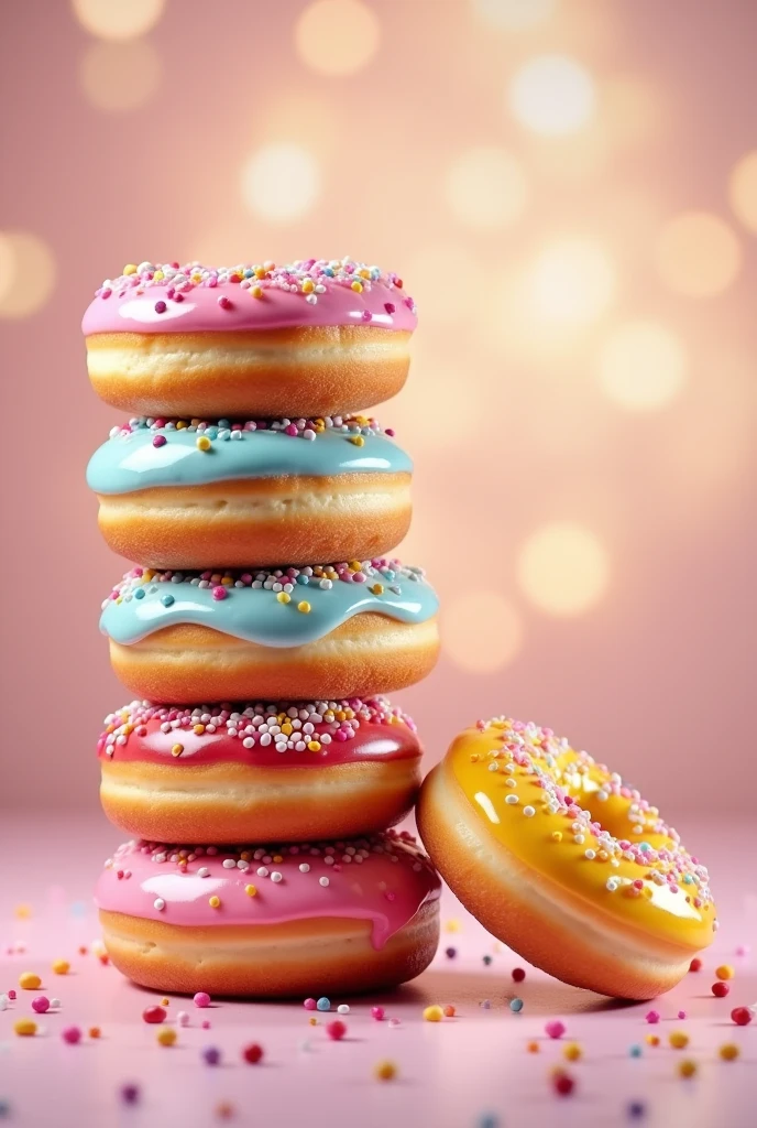 4stacked donuts with one donut on the other side with large blured bg