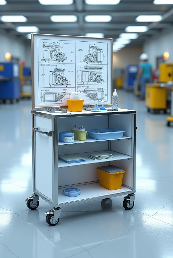 A plan with measurements on a cleaning cart, cleaning cart