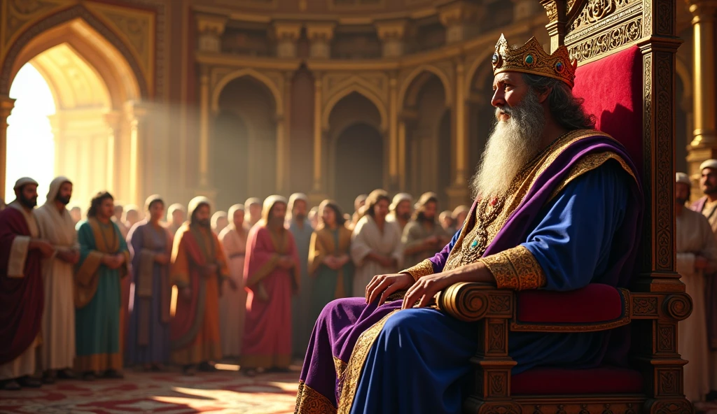 Solomon, the king of Israel, known for his incredible wisdom. people looking at solomon sitting on his throne