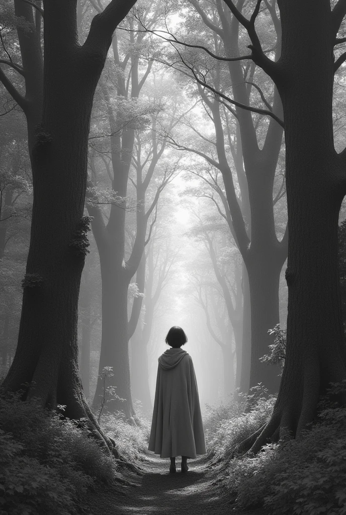 Make a landscape with graphite forest drawing style, that has a person and perspective
