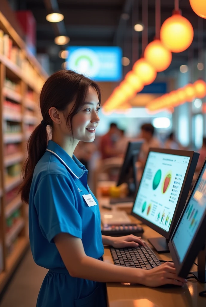 A full-length cashier girl at a point of sale with a control system on the realistic computer screen is for a poster