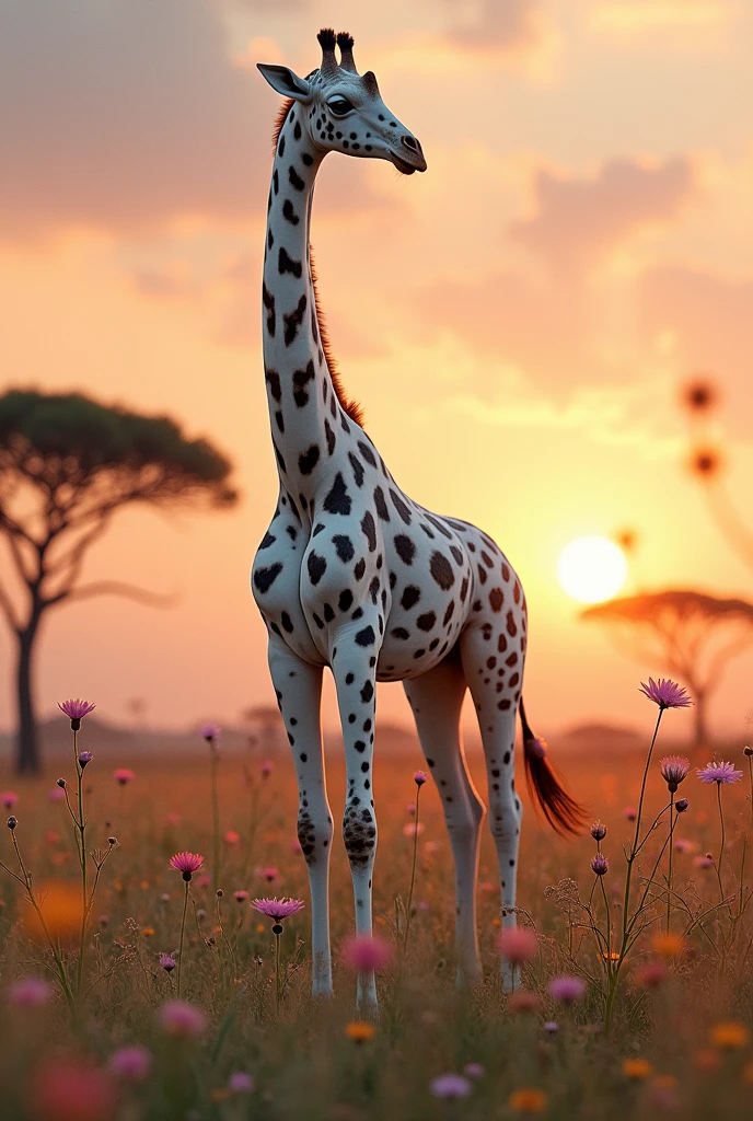 A white, half-spider giraffe with black spots 