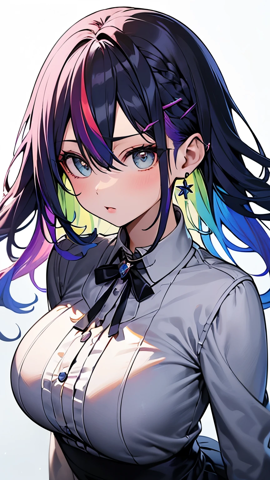 ((forehead:1.5、(((((Rainbow Hair:1.5、Colorful hair colors:1.5、パステルカラーのColorful hair colors:1.5)))))、Rainbow Hair色:1.5、Standing、Long eyelashes、Earrings、Earrings、high school girl:1.5、uniform:1.5、school uniform:1.5、Dress shirt、Long tie、Checked mini skirt、low angle shot:1.5、Gal:1.5、frontal face:1.5、A calm face、Rainbow Hair:1.5、Northern Europe、White、beautiful girl:1.5、Rainbow Hair:1.5、White background、cute、Young、True Face、Shiny Hair、whole body))、overweight:1.5、masterpiece, best quality, ultra detailed, hyper detailed, beautiful, woman, medium shot, from front:1.5, leaping figure composition, midday, in focus with blurred background、 highest quality, figure, super detailed, finely, High resolution, 8k wallpaper, Perfect dynamic composition, detailed and beautiful eyes, Deco out,bionde, big breasts, Natural color lip,white background, random cute poses