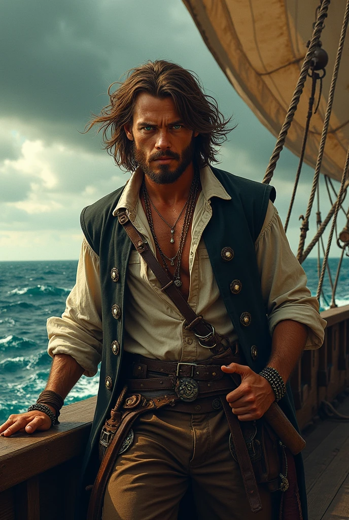 pirate, shoulder length brown hair, greenish eyes, well defined jawline, unshaven beard, skin tanned, musculozo, Hard, youthful face