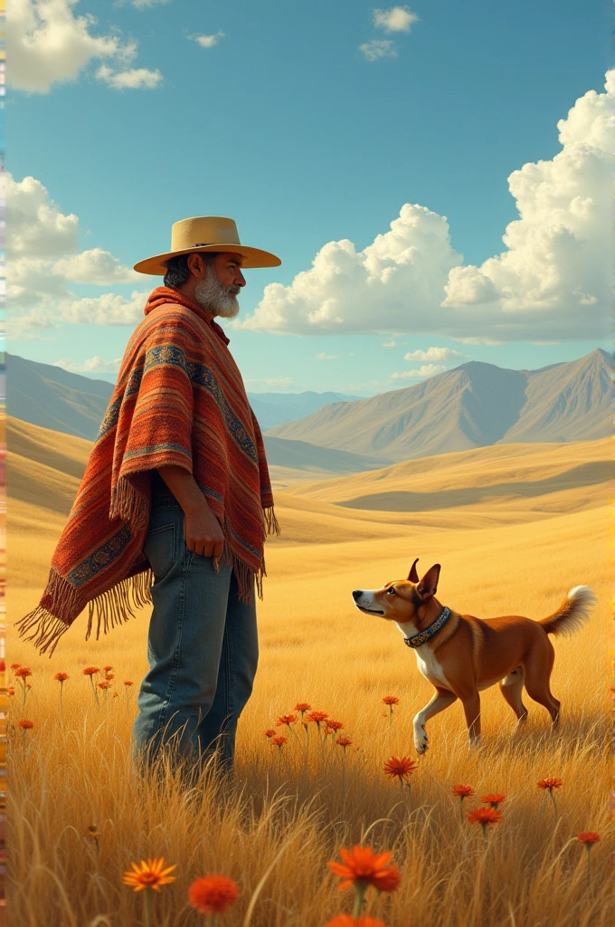 An adult from the countryside with his poncho watching a dog walking around in the pampas