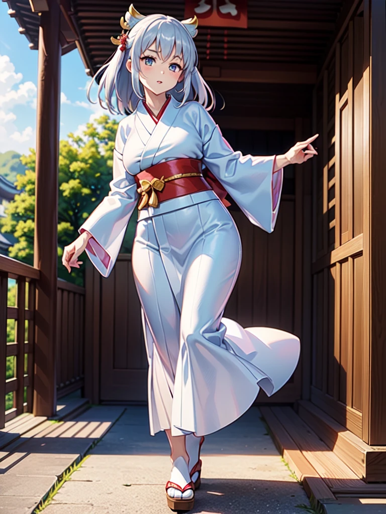 High definition、anime、pastel、A neat woman dressed in a shrine maiden outfit、Flowers sprout from beneath your feet、A long, flowing miko outfit、１８age、Half red long silver hair、Full body portrait、Wearing clogs、Large eyes like opals、Dance dedicated to the gods