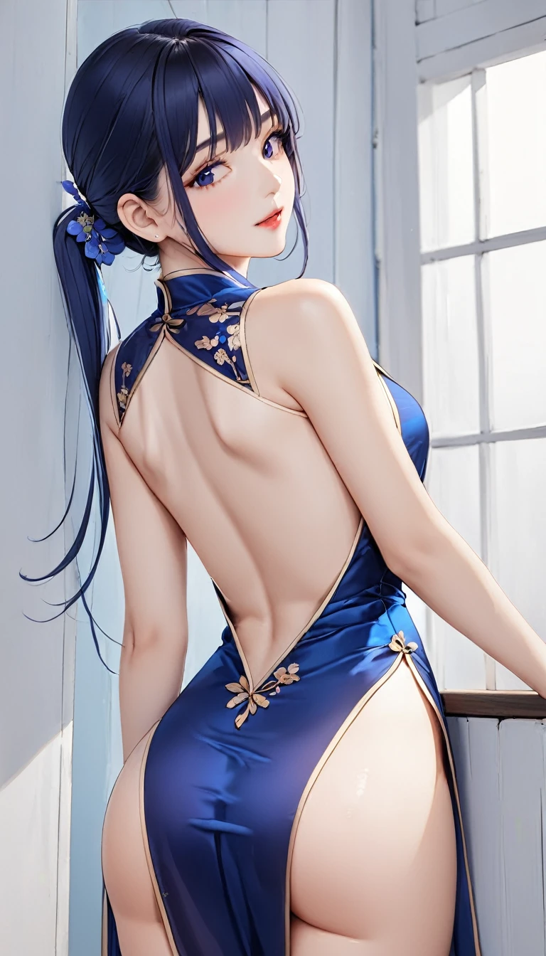 (masterpiece,highest quality,超A high resolution),japanese woman, (((Very beautiful 25 year old girl))), pretty girl、look at the photographer、 ((beautiful low ponytail)), super cute face, glossy lips, double eyelids in both eyes,natural smile、 natural makeup, long eyelashes, Shiny and smooth hair、center image, perfect limbs, perfect anatomy,(((dark blue China dress)))、(((turn around and look back)), smooth skin, exposed shoulders, exposed waist, exposed thighs