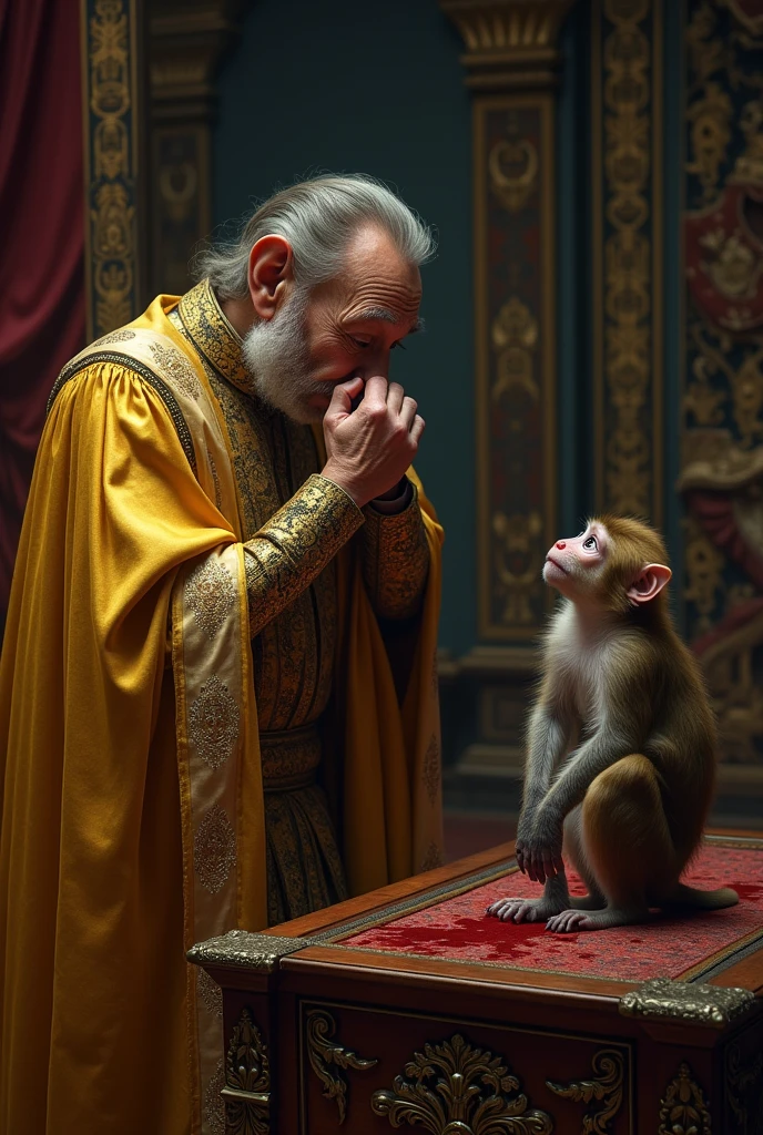 The King’s Shock and Pain: The king waking up in shock and pain, holding his nose where the monkey accidentally injured him. The monkey, realizing its mistake, looks shocked and regretful, standing back with wide eyes.