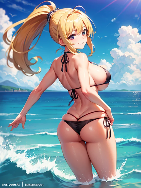 (Highest quality), (masterpiece), (Ultra-high resolution), whole body, age girl, Blonde, Ponytail, A big smile, Big Breasts, bikini, Seaside, Excited, Splash, Looking back at me from behind