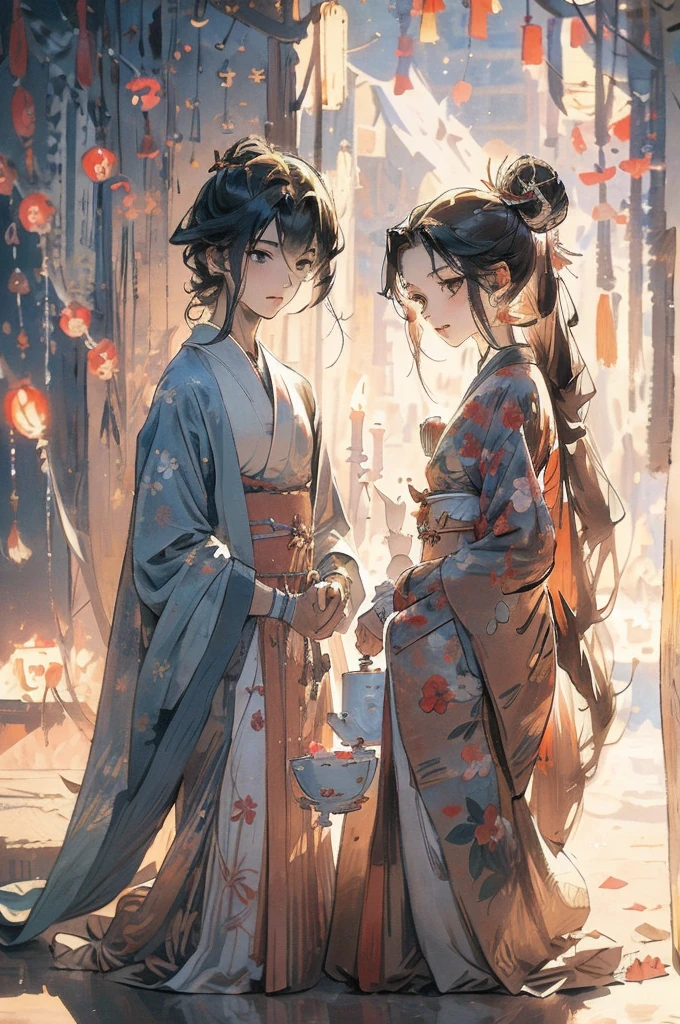 Japanese manga style, there are two students in uniform sit on a sunny beach, a male and a female, the male(one of them) is holding a birthday cake with birthday candles. the female(the another) is clasping her hands together and blowing out the birthday candles. there are some footprints on the beach.