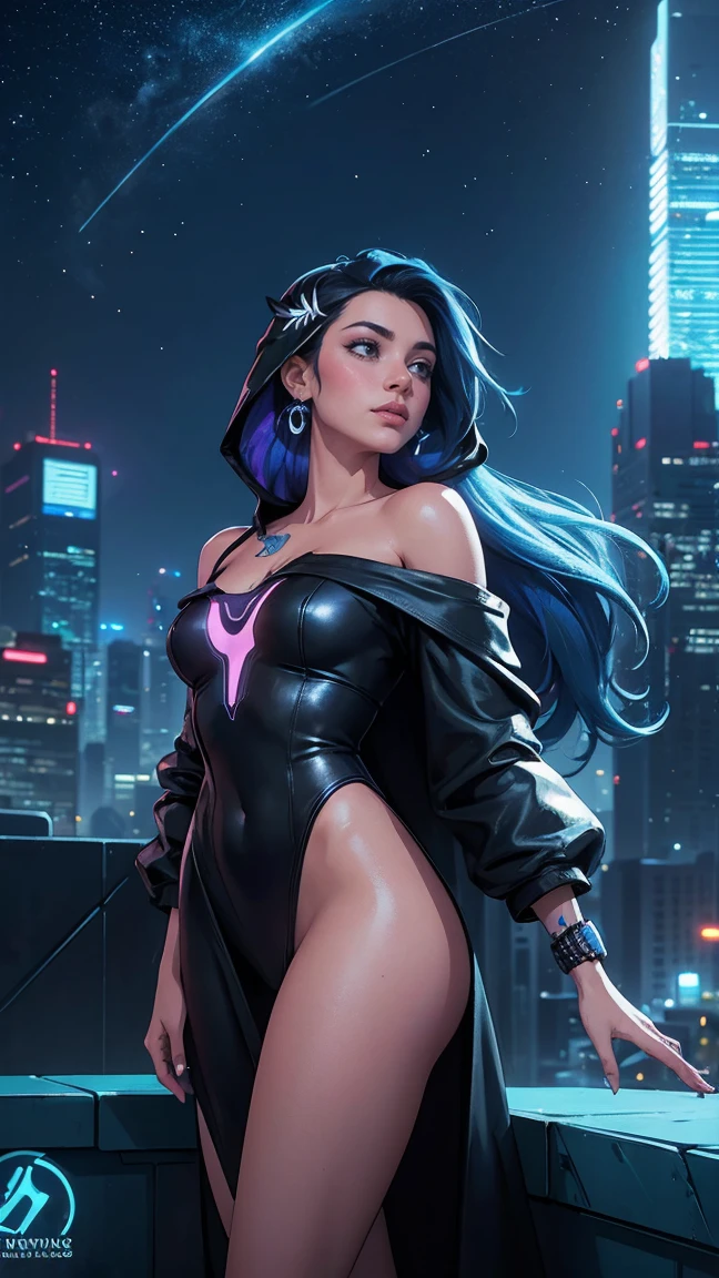 (work of art), best qualityer, ultra high resolution,Chiquita, cyberpunk 1girl flying over a stunning cityscape ,hooded cloak,hair blue,  shooting stars in neon color, pretty long hair, Off The Shoulder, feather hair ornament, neon colors, writer, stunning night sky, cinematic lighting, photorrealistic, realisic skin, HDR,fish eye