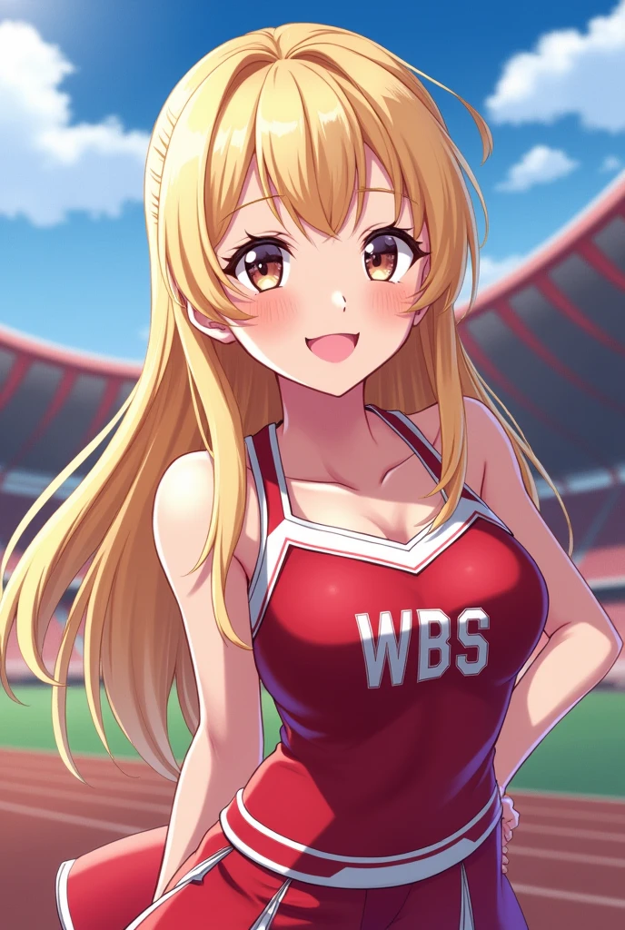 An anime girl, cheerleader, upper body only, bright smile, mole under left mouth, big , elegant let down long hair, blond hair, adult, write WBS on the shirt, slanted eyes, mature shaep