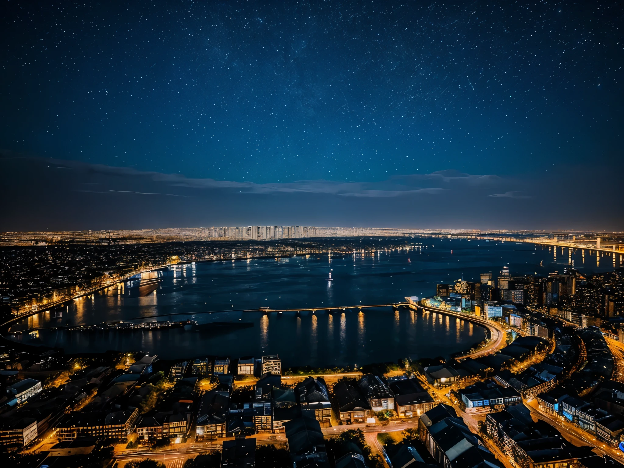 (masterpiece, best quality), best resolution, starry night sky over a bustling city, full moon