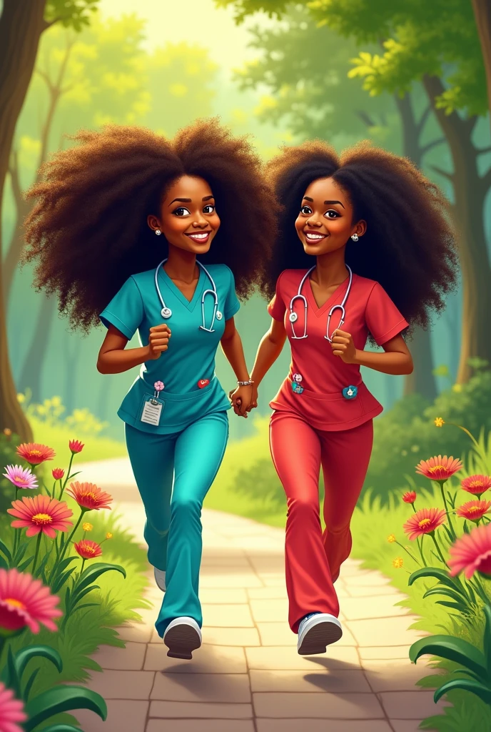 Black Woman Caricature, long curly hair down to the butt, Round face. Another black woman with long curly hair. They are running in a park and are dressed as nurses.