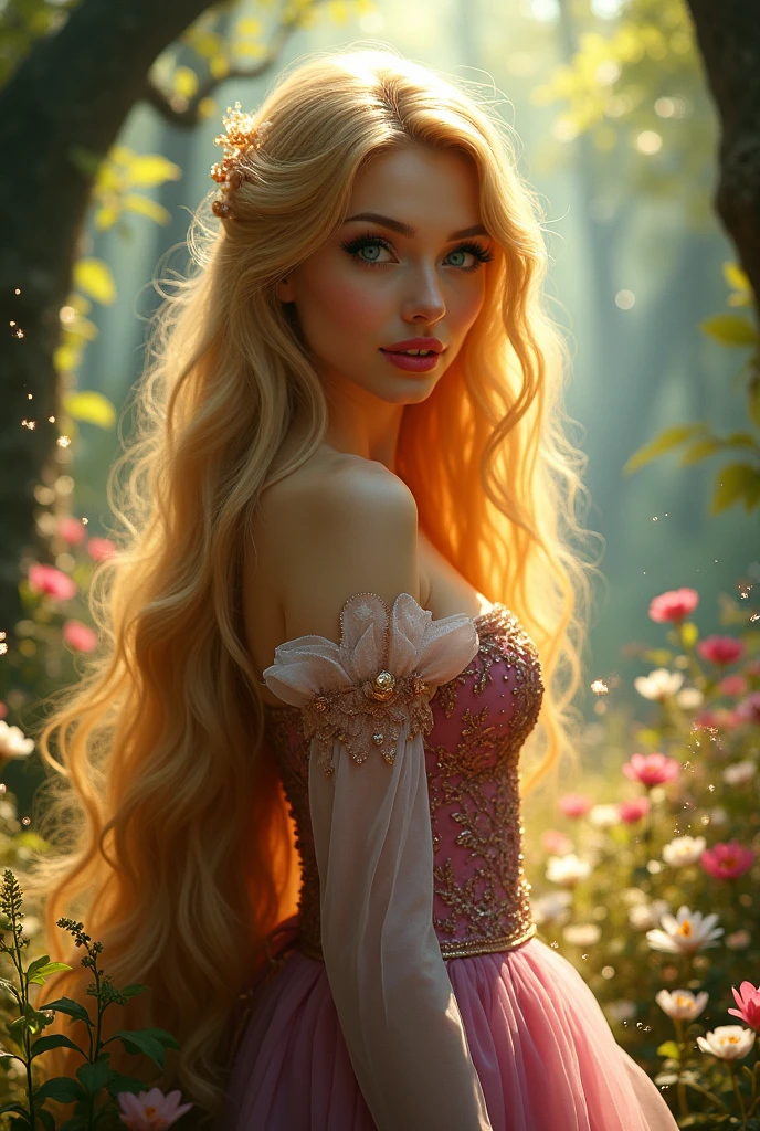 Dark Magician Girl dressed as Rapunzel. Her hair is long and blonde. Her hair reaches her feet. has blue eyes. Red lips. breasts big. nice legs. Sensual and seductive pose. fairy tale background. new