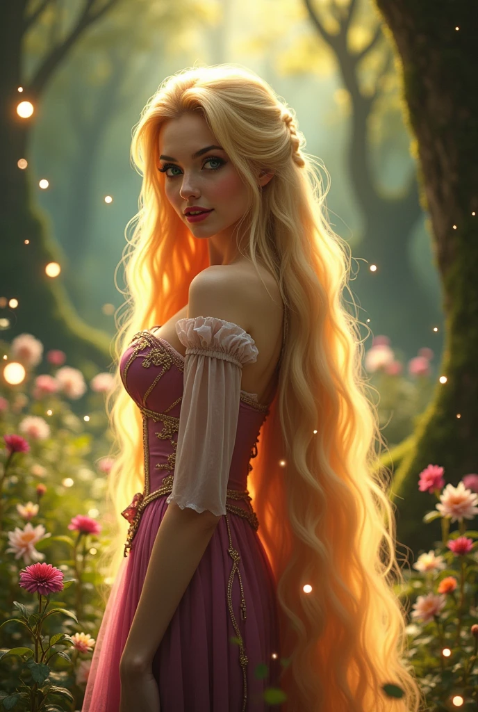 Dark Magician Girl dressed as Rapunzel. Her hair is long and blonde. Her hair reaches her feet. has blue eyes. Red lips. breasts big. nice legs. Sensual and seductive pose. fairy tale background. new