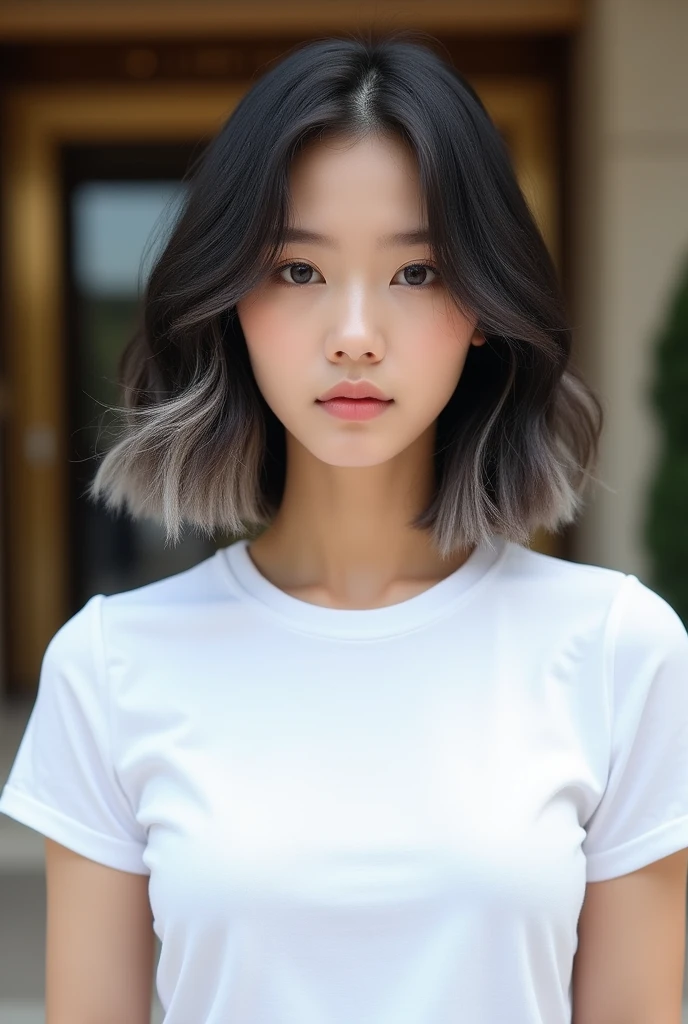 Wolf Hairstyles、Layered hairstyle、Light hairstyle、Inward curled hair、Semi-long hairstyle that reaches below the collarbone、Very bright natural light、In front of a luxury building、White T-shirt、K POPアイドル風な顔、Natural Makeup、Soft dark hair color、Adult atmosphere