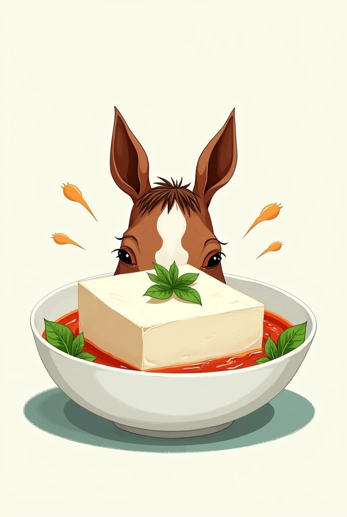 Simple illustrations with thick lines and four or fewer colors。dishに乗った冷奴から馬の耳だけが生えている。
dish、Tofu、No parts other than the ears are needed::3