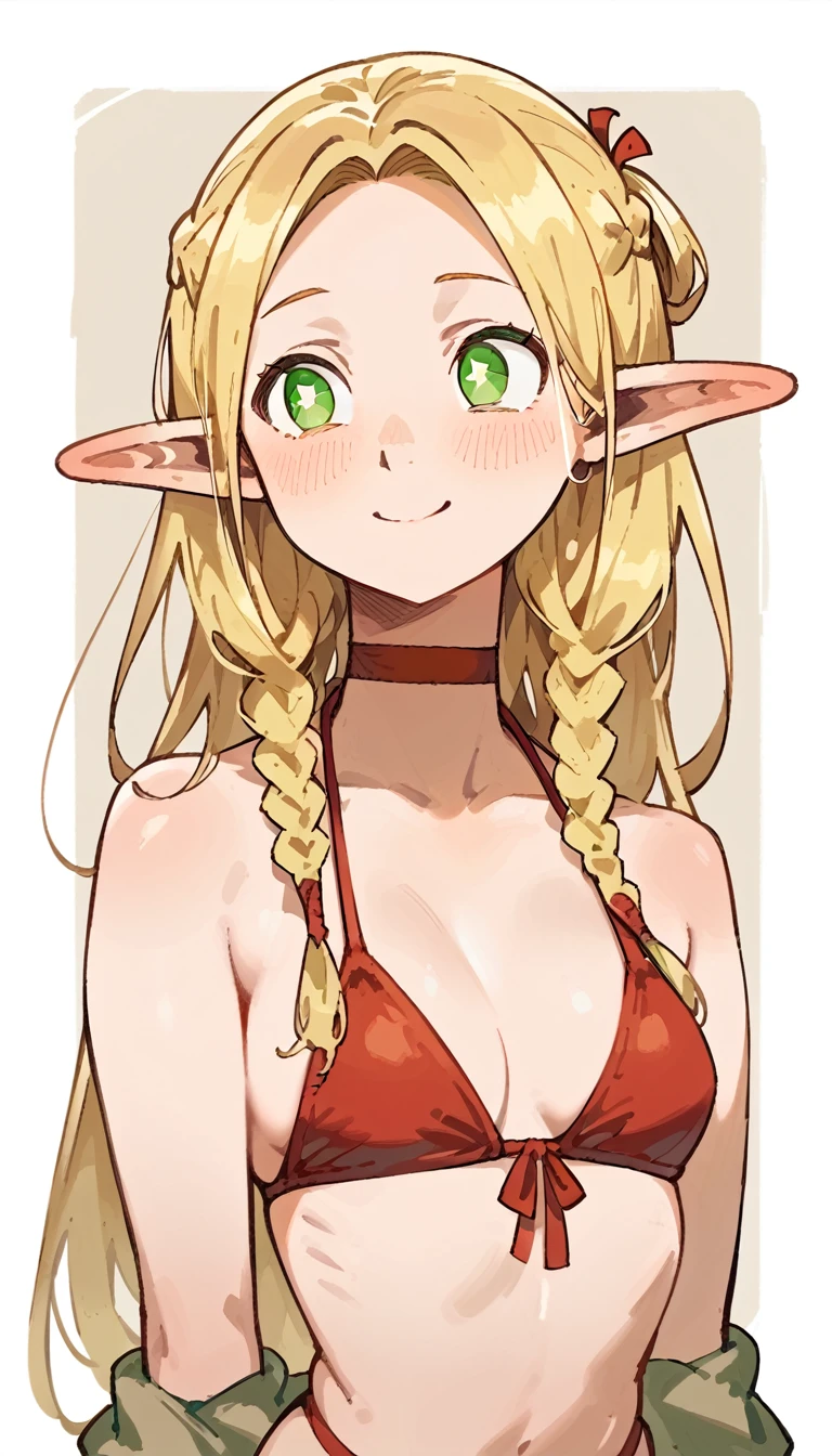 1girl, best quality, [masterpiece], from the waist up, twin braids, red choker, marcille donato, bright pupils, green eyes, parted bangs, blonde hair, elf, soft smile, (bikini) looking to the side, blushing 