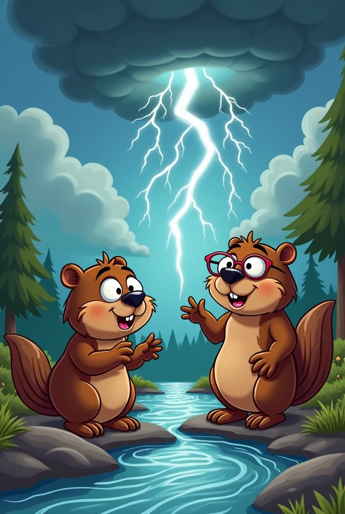 Draw a beaver talking to another beaver that a storm is coming in a cartoon style like drawing  
