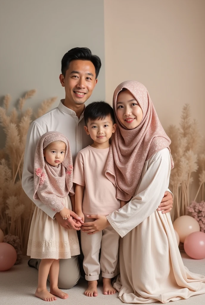family studio photo of 34 year old father with neat hair. mother age 33 wears hijab. 8 year old girl wearing hijab. 5 year old boy with neat hair. 3 year old girl wearing hijab