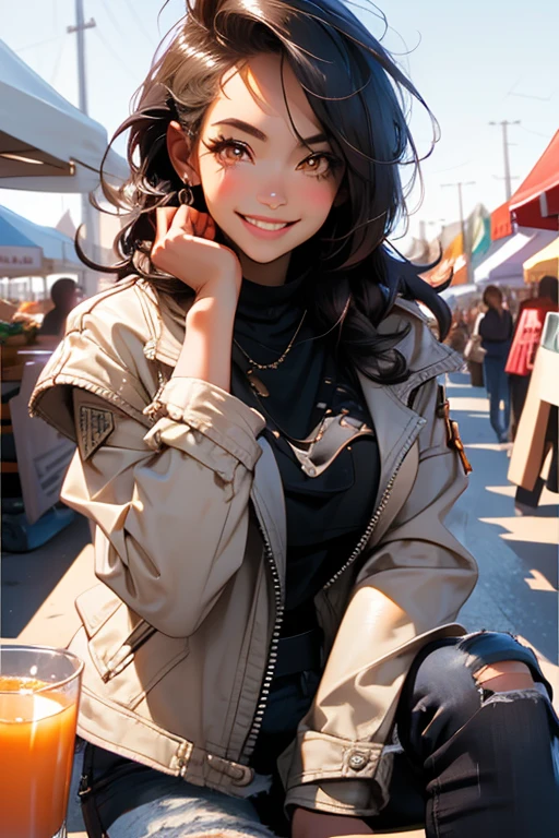 Perfect face. Perfect hands. A black haired woman with orange eyes in a leather jacket and jeans is drinking juice in a farmer's market with a big smile
