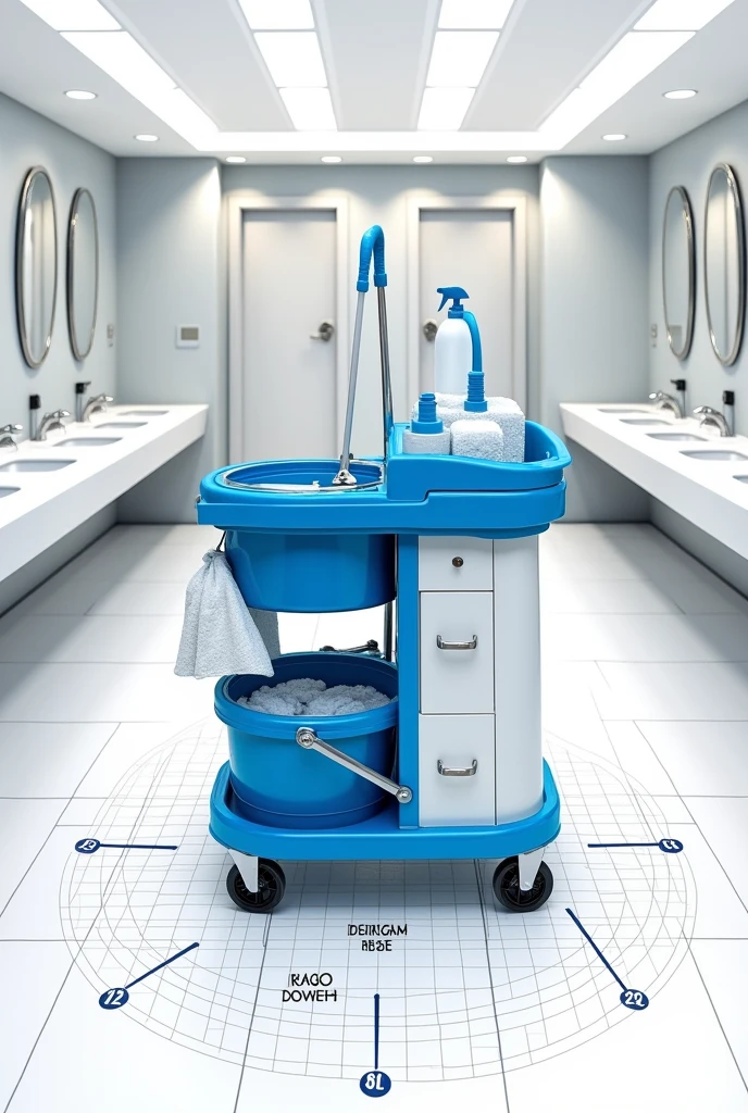 A plan with measurements on a cleaning cart, bathroom cleaning cart