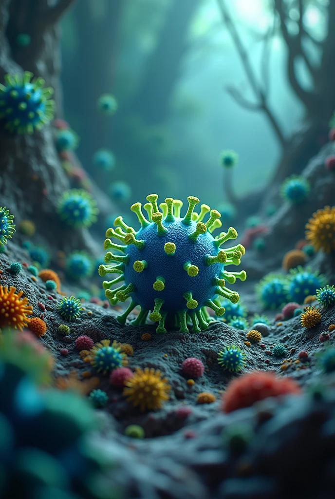 The virus (that is neither blue nor green) is surrounded by antibodies, and a phagocytic cell is approaching to devour it. Phagocytic cell (with a robust and efficient style and green color) and T cell (color blue)