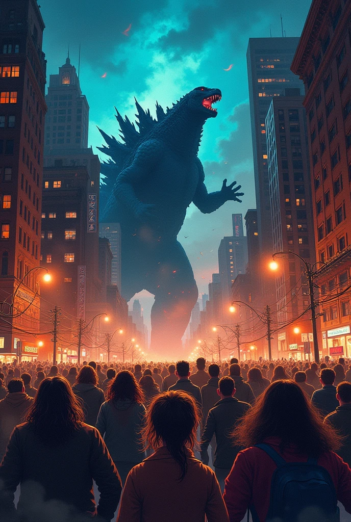 80&#39;s monster movie posters、An illustration、Run away from the monster,A large number of people々、panic、Every detail was drawn with brush and paint.,Giant Monsters、Godzilla-like、Focus on the monsters、City、Collapsing high rise building、destruction,Manhattan at night
