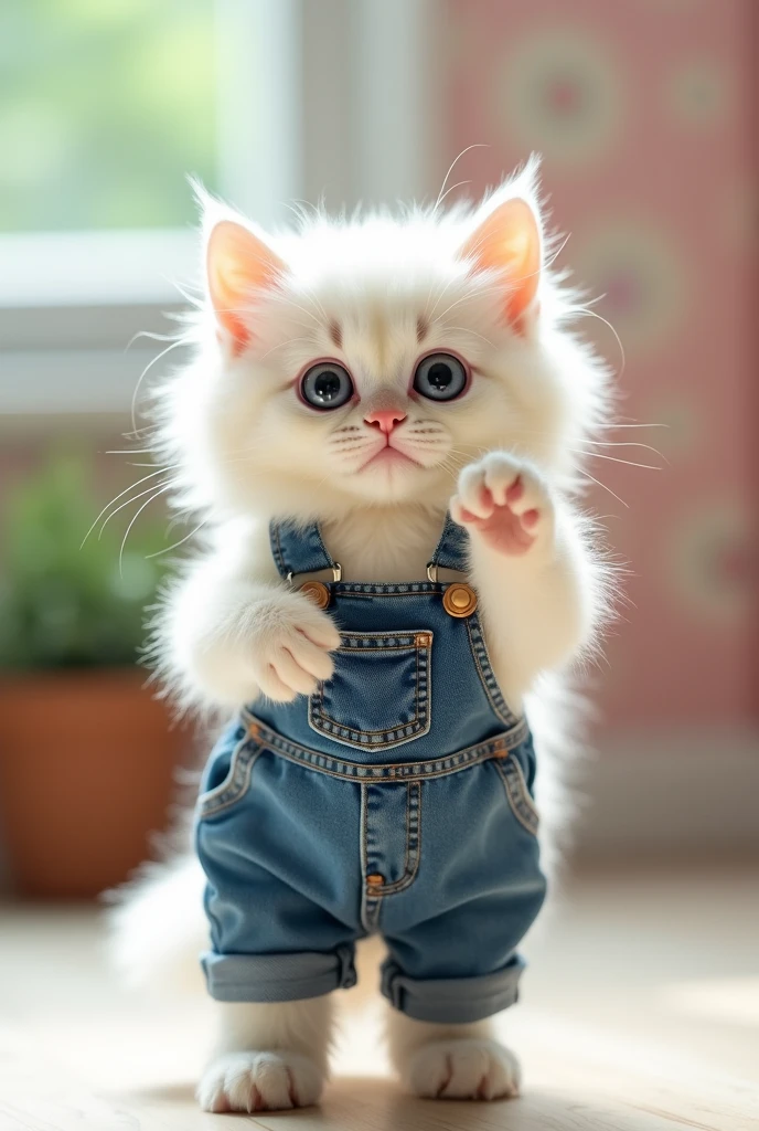 A small kitten standing with its front paw raised facing forward。White Cat。
Big eyes with a cute, human-like expression。Slightly larger head than body。limbs are short。
Wearing denim。Glossy texture。
Bright interior background。