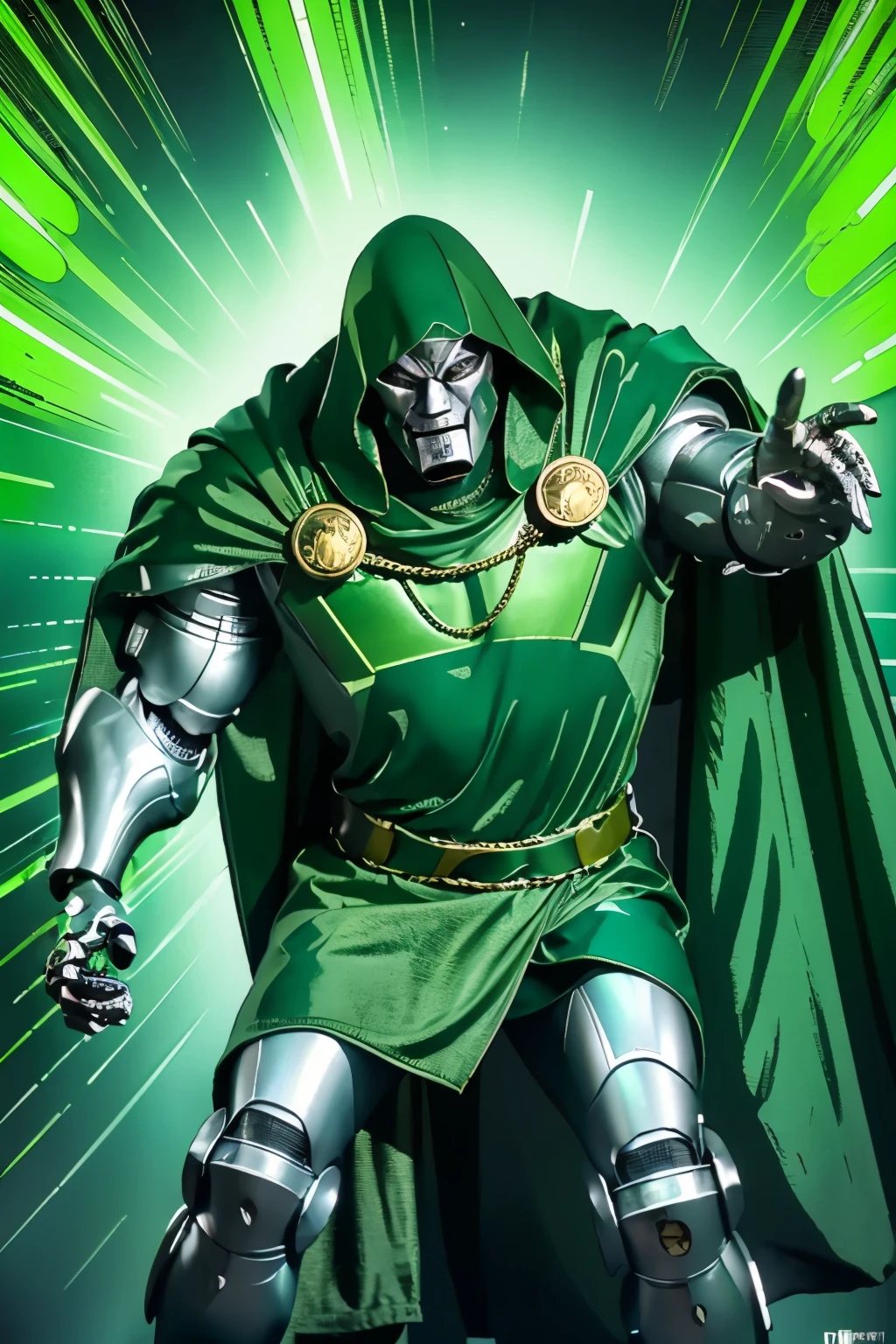 arafed image of a man in a green cloak and armor, cyborg dr doom in ornate armour,  doctor doom, ,metallic  armor, with a green cloak, 
