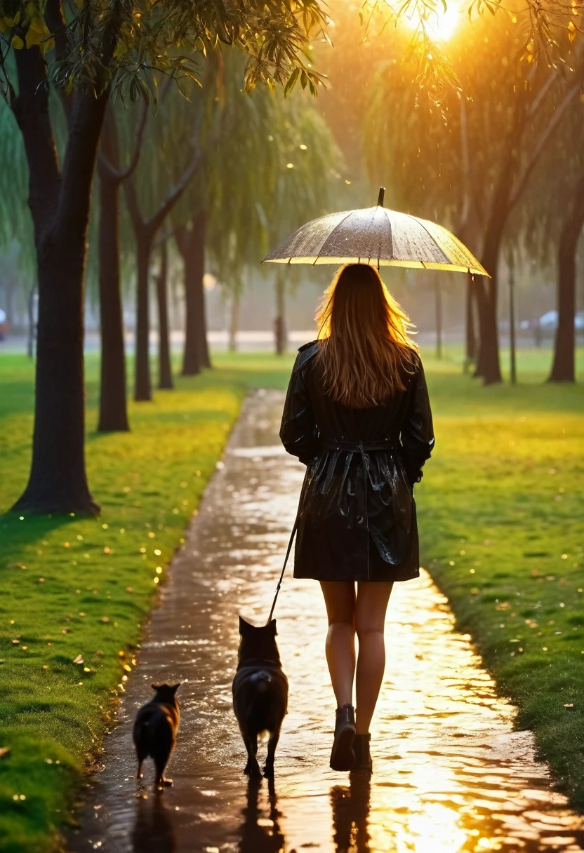 beautiful girl walking in a park, watching the canary, In the sunset, wet, Raining, (realistic photo) 