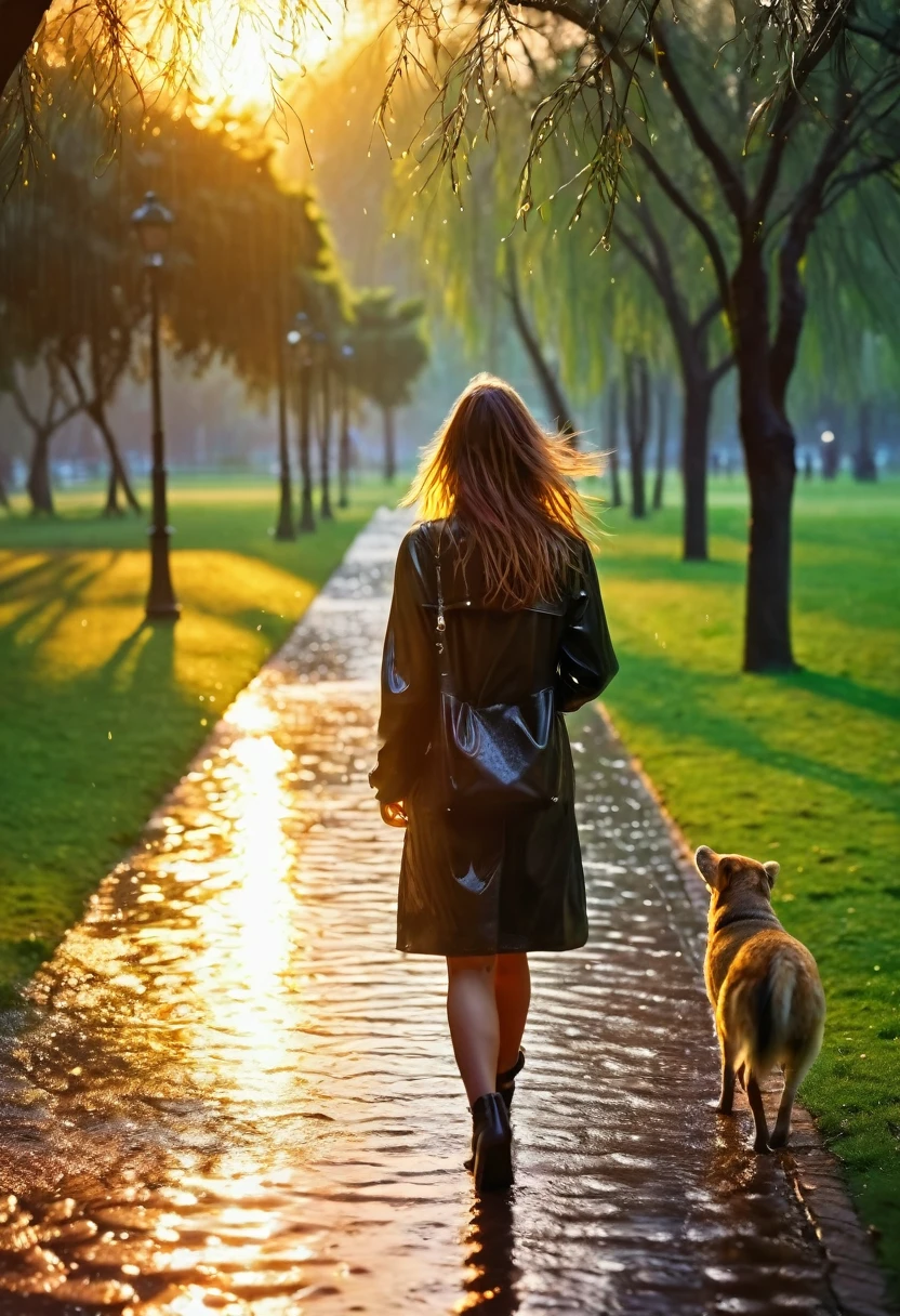 beautiful girl walking in a park, watching the canary, In the sunset, wet, Raining, (realistic photo) 