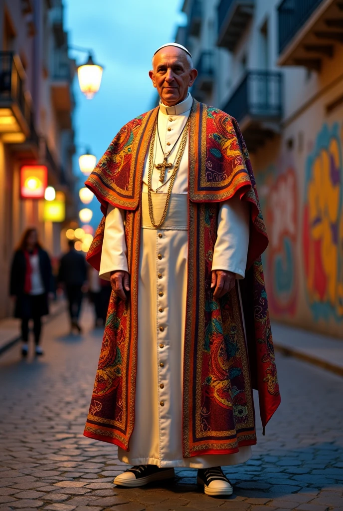 Pope Francis dressed in a fashionable reggaeton robe with Jordan shoes and gold chains very realistic