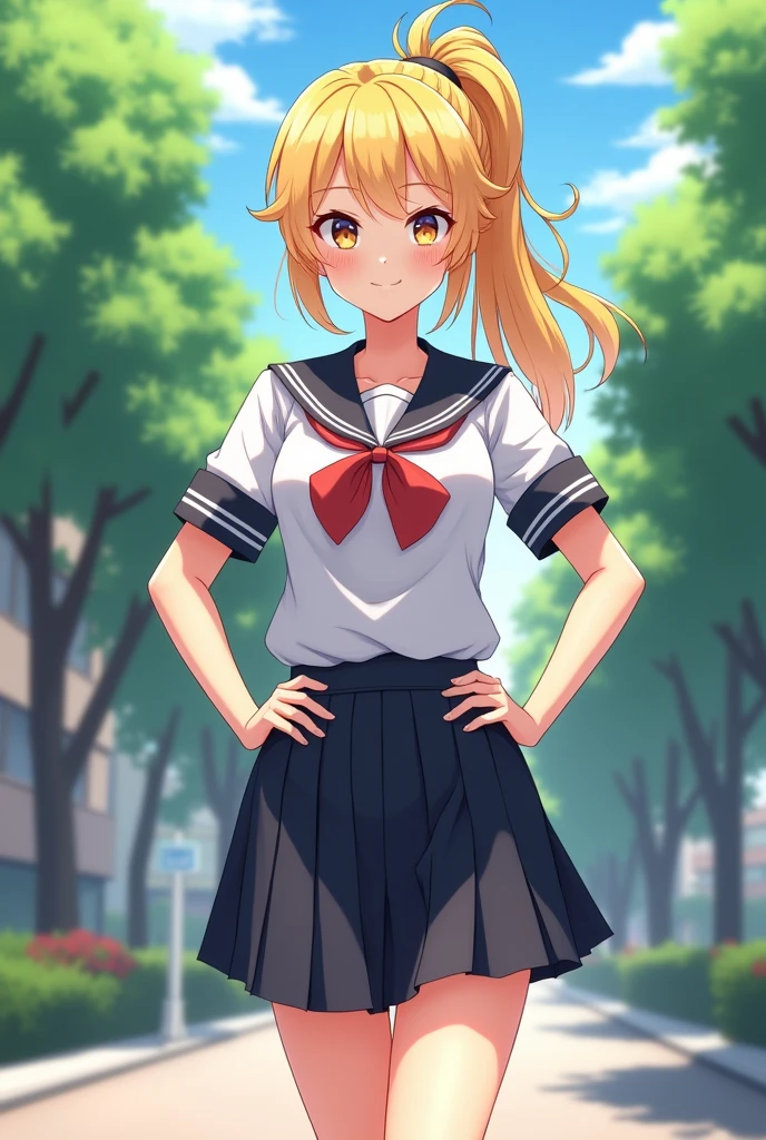 (highly saturated、colorful illustration:1.2)、(ponytail hair、golden hair、bright skin:1.2)、(long beautiful legs:1.2)、from below、1 girl, game CG, Girl in schoolgirl uniform, black skirt、white panties、put your hands on your hips、In front of school during the day、street tree々、smile、huge breasts, black eye, dynamic, outside、1 beautiful woman,Are standing、hair shines,rational movement,((8K,masterpiece,realistic),(hyper detail,ultra clear,nature,Vibrant cleavage all over the body,Light chest,slender beautiful legs,stretch the meat,small breasts,A suspicious learning man licks a girl.