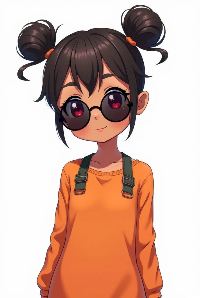 Very cute anime-type girl with slightly dark skin and dark eyes, hairstyle three pigtails wrapped in front, with a long orange top with straps and dark sunglasses with round red eyes and a white background