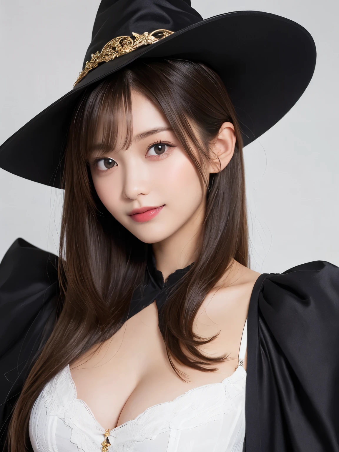white background, full body portrait, looks happy, smile, one girl, (a beauty girl, delicate girl:1.3), (20 years old:1.3), (witch costume, Witch hat, Witch clothes), very fine eyes, (symmetrical eyes:1.3), C cup breasts, brown eyes, parted bangs, short hair, (eyes and faces with detailed:1.0), (masterpiece, best quality, ultra detailed, detailed face, 8k)