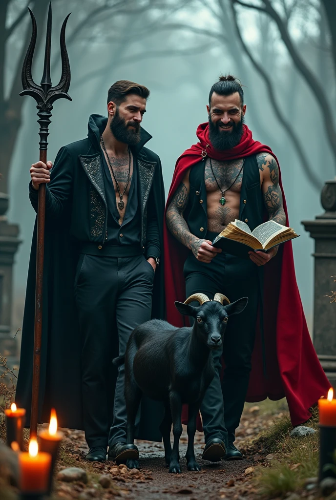 2 Handsome Men with Beards, tattooed. black and red cape, walking stick, trident, cemetery, lit candles, fire, black magic book, levitating, black goat, black and gold hat galley , blood, jovial laughter