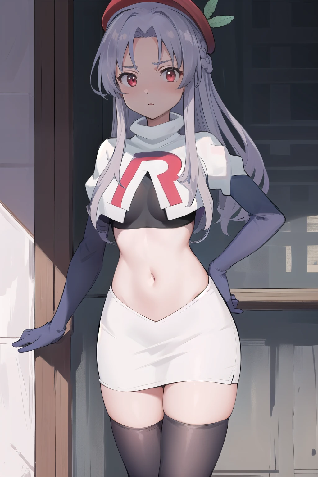 best quality, (masterpiece:1.2), illustration, absurdres,
(1girl, solo), (beautiful detailed girl),
Aeolia, lilac hair, long hair, red eyes, medium breasts,
green hat, hat with feather ornament, team rocket,team rocket uniform,white skirt,red letter R,crop top,black thigh-highs,black elbow gloves
looking at viewer,