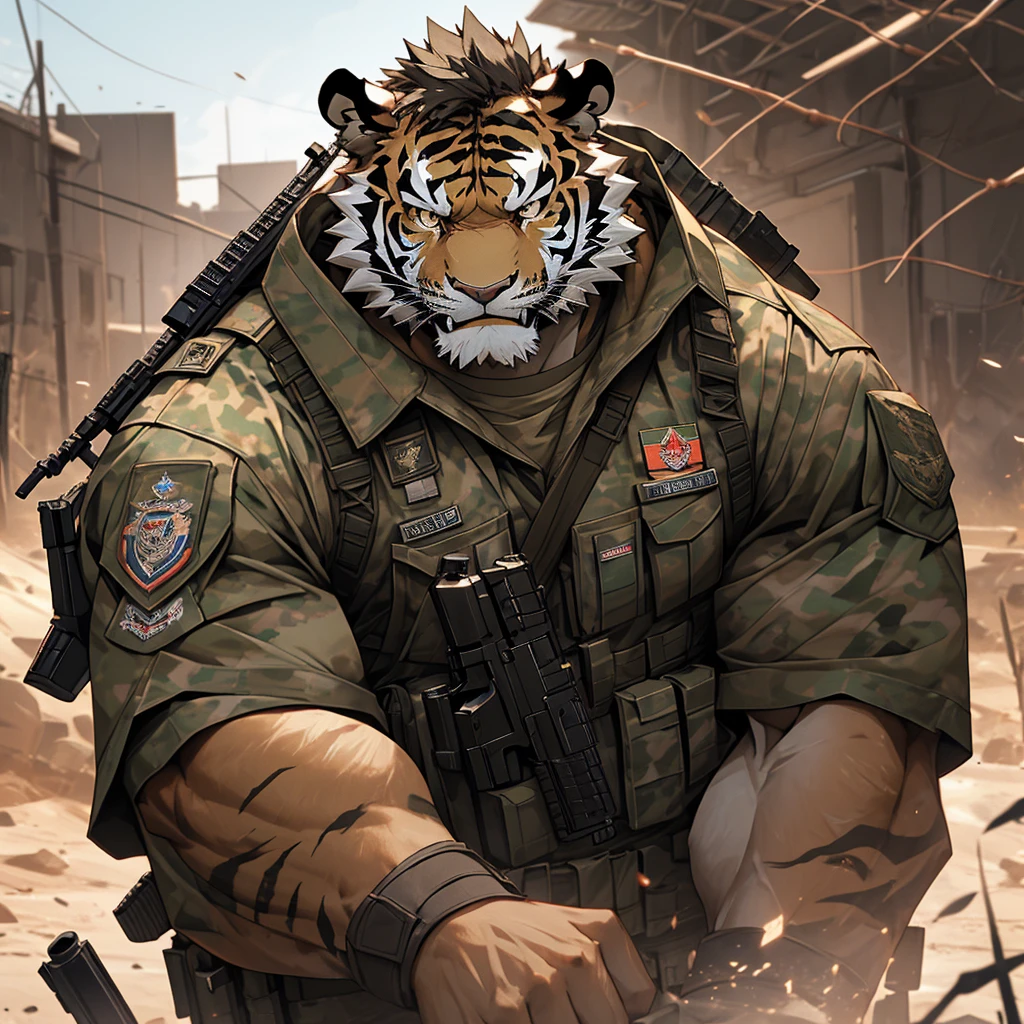 a muscular soldier holding an m4 rifle, military base, highly detailed, 8k, unreal engine, realistic lighting, military uniform, tactical gear, assault rifle, outdoor military base, barbed wire, military vehicles, military equipment, Camouflage, gritty, heroic pose, intense expression, photorealistic, cinematic composition, dramatic lighting muscular tiger