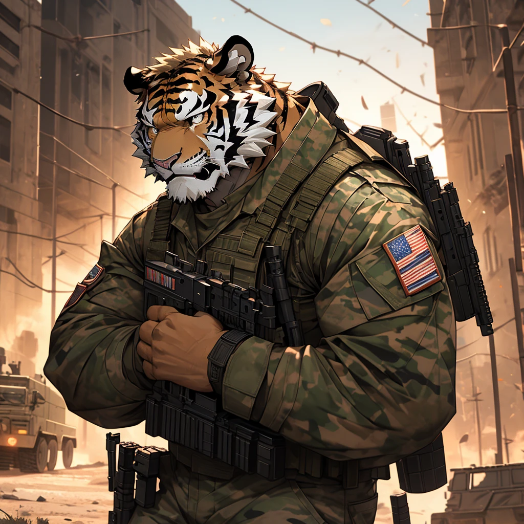 a muscular soldier holding an m4 rifle, military base, highly detailed, 8k, unreal engine, realistic lighting, military uniform, tactical gear, assault rifle, outdoor military base, barbed wire, military vehicles, military equipment, Camouflage, gritty, heroic pose, intense expression, photorealistic, cinematic composition, dramatic lighting muscular tiger