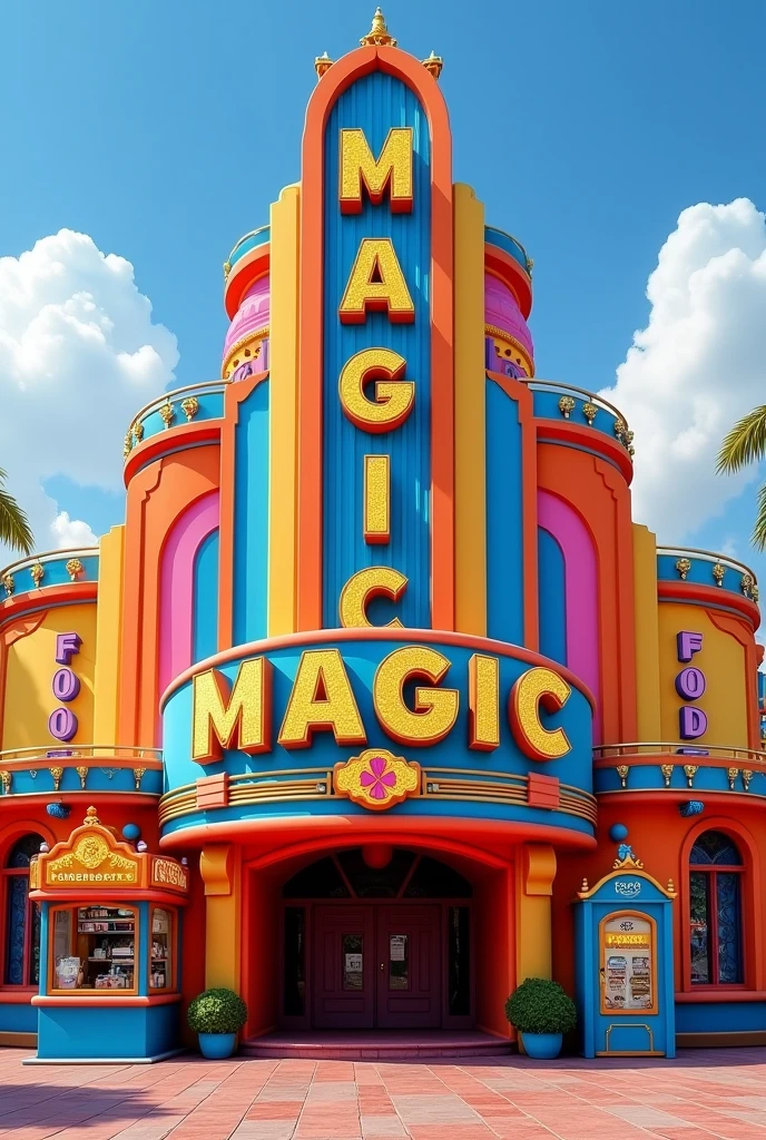 make the outside of a cinema. that it is called MAGIC CINEMA that it is cartoonish, that only the front part is visible. Let nothing cover it, that has the entrance in the middle, that the ticket office where they sell the tickets is on the right side and above the window there is a sign that says BOX OFFICE, and the food on the left side and have a sign above the window that says FOOD, that are in the shape of a window, that is cute and eye-catching, that is elegant and with a high or striking structure (that MAGIC is vertical and CINEMA is horizontal )