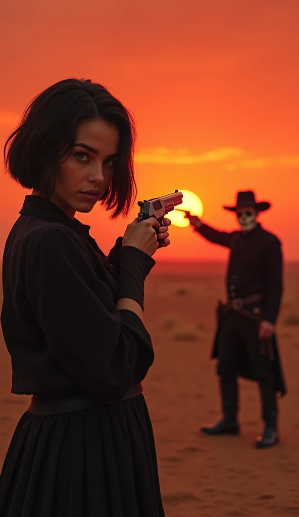 (La mejor calidad,A high resolution,Ultra - detallado,actual),Ariana Grande who has a Winchester shotgun, she has to have short dark hair up to her ears and green eyes and at the same time there is a skull boy and he looks like a cowboy, all his dark clothes are black, that they are in a desert landscape in a reddish sunset that also looks like a book cover in two parts, the front and the back, and that above all both are pointing guns at each other, she at his head and he at hers and that both are looking forward, high quality, (RAW photo, best quality), (realistic, photorealistic: 1.4), (extremely delicate and beautiful: 1.4), amazing, fine details, masterpiece, ultra detailed, high resolution, best illustration, best shadow, intricate, ( extremely intricate: 1.2), (exquisitely detailed skin), cinematic light, perfect anatomy, (cool color: 1.4), sharp focus, 8k UHD, DSLR, (Fujifilm XT3),(Ariana Grande V2.1), (Ariana Grande :1.4) 