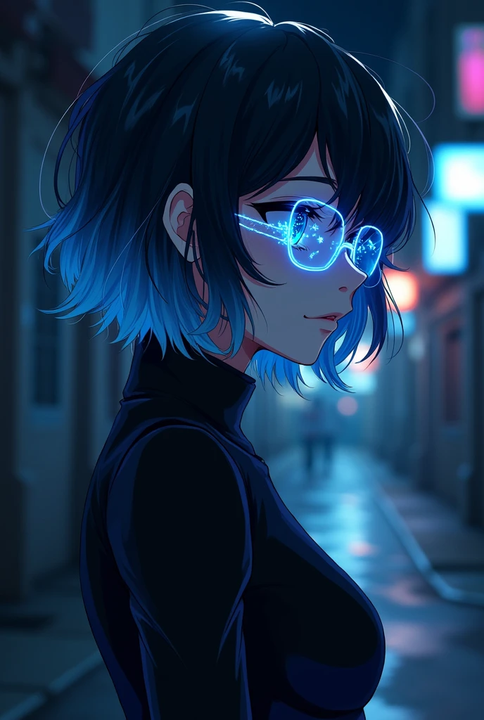 Screenshot of anime Boku no Hero Academia young woman of 25 years old with mature features, half body profile, with short, soft wavy black hair turning white and blue squinty triangular eyes with shooting star shaped pupils shining, lips parted,, wearing a black combat suit, sky blue translucent glasses hacking the system, sparks of blue energy, at night, In a dark alley